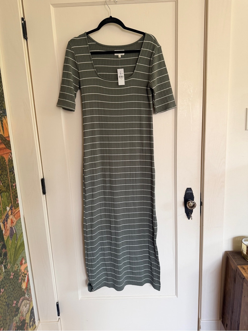 Women’s Olive Green Striped Midi Dress - Scoop Neck